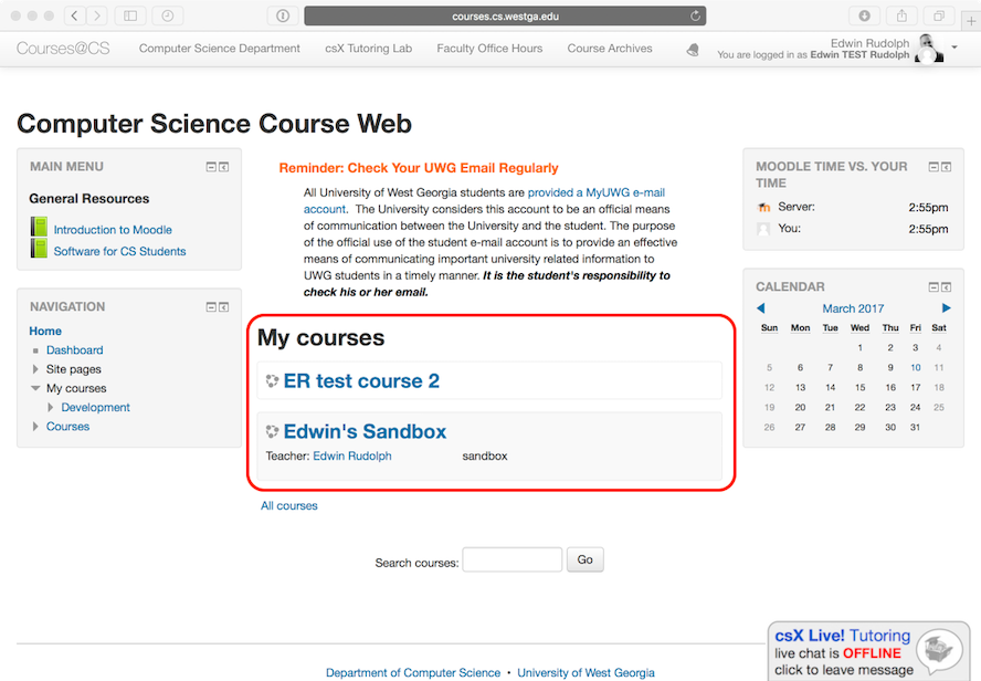 Example of current courses listed on Moodle home page