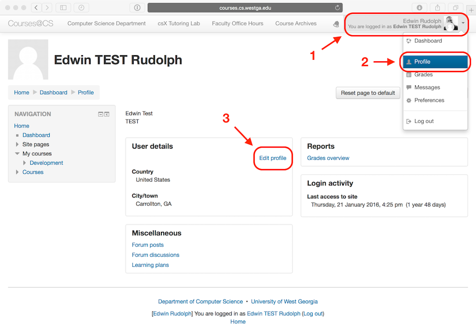 Screenshot showing steps to edit Moodle profile